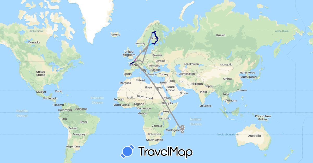 TravelMap itinerary: driving, bus, plane, train, hiking, boat in Belgium, Germany, Finland, France, Sweden (Europe)